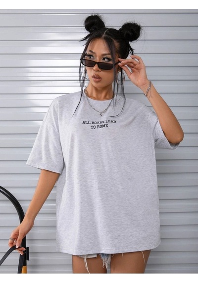 To Rome T-shirt - Gri Baskılı Oversize Bisiklet Yaka Kısa Kol Tişört Gri