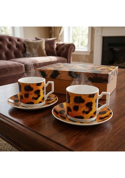 Tr 2'li Porselen Kahve Fincanı Takımı - 100 Cc Leopar Desenli Altın Yaldızlı Premium Türk Kahvesi Ve Espresso Fin Diğer