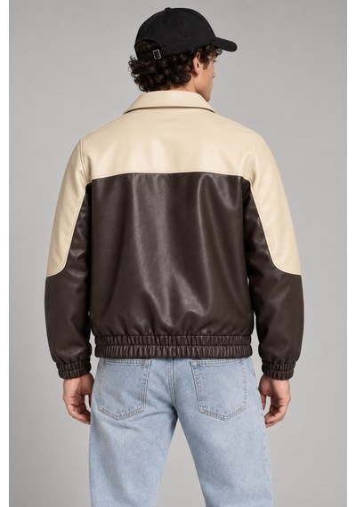 Maison Rae Erkek Kahverengi, İçi Kürklü, Çift Renkli, Yazı Detaylı,oversize Suni Deri Bomber Ceket