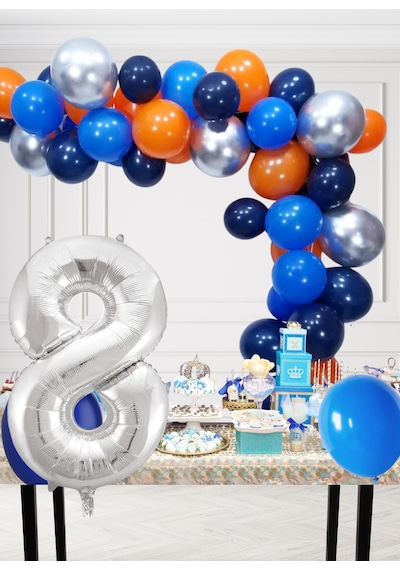8 Yaş Kozmik Temalı Doğum Günü Seti Kozmik Mavi Turuncu Gümüş Mavi Balonlar Gümüş Folyo Rakam Çok Renkli