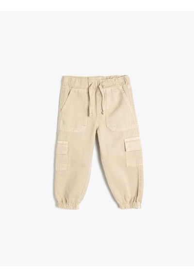 Koton Jogger Pantolon Beli Lastikli Cepli Pamuklu Bej 5wmg40018ad Ekru