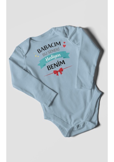 Morivokids Babacım Bu Seneki Hediyen Benim Uzun Kollu Bebek Body %100 Pamuk Bebe Mavisi