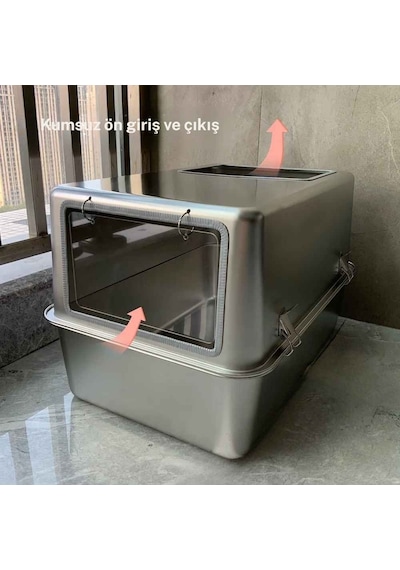 Monozone Büyük Boy Çelik Kedi Kum Kabı Kapalı Sıçrama Önleme Metal Kedi Tuvaleti Paslanmaz Kedi Yatağı