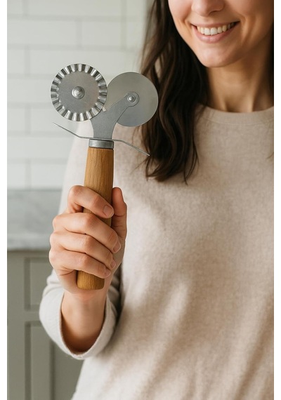 Ayrex Vıvaluxe Çift Taraflı Paslanmaz Çelik Hamur Ve Pizza Kesici, Tırtıklı Ve Düz Bıçaklı, Ergonomik Ahşap S Diğer