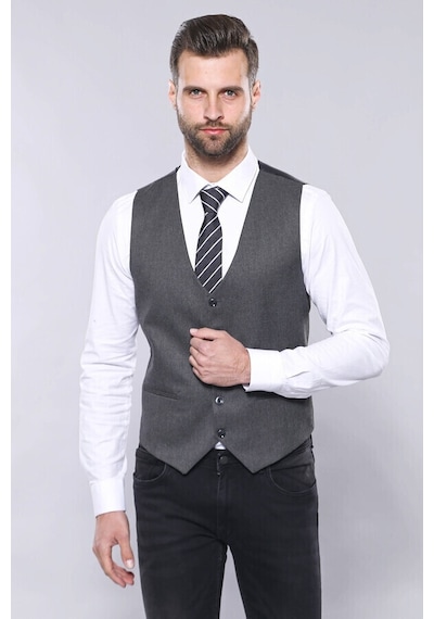 Düz Gri Slim Fit Yelek Ceket Set Wessi 001