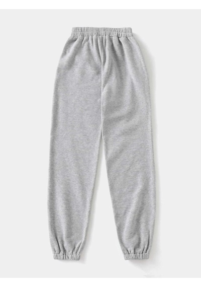 Gri Basic Düz Eşofman Altı Jogger Lastik Paça Yüksek Bel Oversize Gri