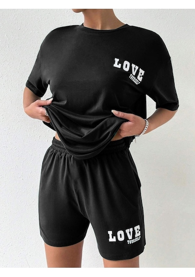 Love Yourself T-shirt Şort - Siyah Alt Üst Kombin Şort Tişört Takım Baskılı Oversize Bisiklet Yaka Siyah Love Yourself T-shirt Şort - Siyah Alt Üst Kombin Şort Tişört Takım Baskılı Oversize Bisiklet Yaka Siyah