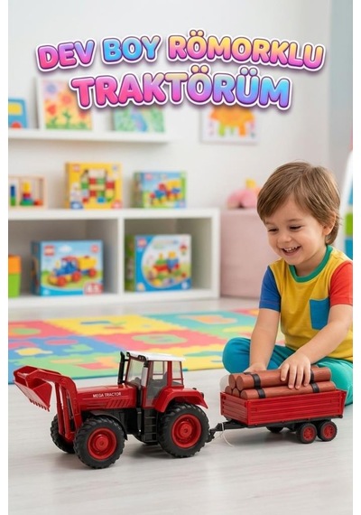 Dev Boy Oyuncak Traktör Ve Tomruk Römorku Seti Dev Boy 80 Cm Oyuncak Tomruk Yüklü Römork Seti