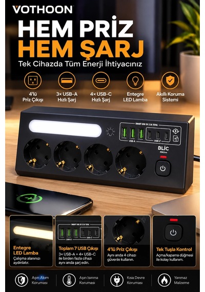 Çoklu Gece Lambalı Üçgen Priz Akım Korumalı 4'lü Priz 3xusb 3xtype-c Çıkışlı Grup Priz Siyah 2 M