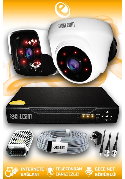 Elitcam 2 Kameralı Panda 1 İç Kamera Set HDD'siz Full HD Gece Görüşlü Güvenlik Kamerası Sistemi