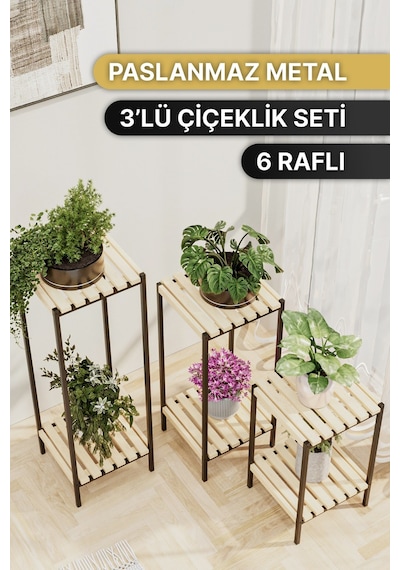 Bino Saksılık 3 Lü Set Ahşap Çiçeklik Dekoratif Lüks Bahçe Mobilyası Saksı Standı Bahçe Balkon Rafı