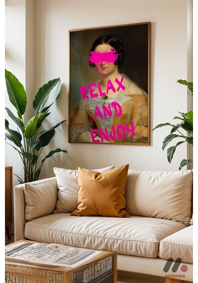 Relax And Enjoy Klasik Portre, Ahşap Çerçeveli Duvar Tablosu - Motivasyon Hediyesi