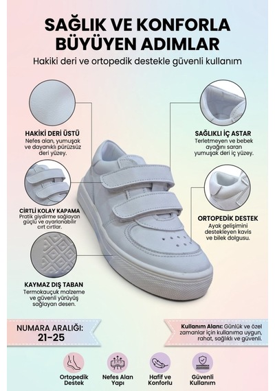 Perlina Ortopedik Taban Hakiki İç Dış Deri Bebe Ayakkabı Beyaz