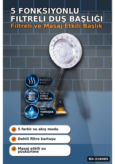 5 Fonksiyonlu Filtreli Duş Başlığı, Kireç Ve Klor Arıtmalı El Duşu Beyaz Bx-316065 Diğer