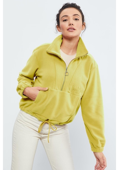 Tommy Life Limon Yarım Fermuar Etek Ucu Büzgülü Kadın Polar Oversize Sweatshirt - 97171 Limon Sarısı
