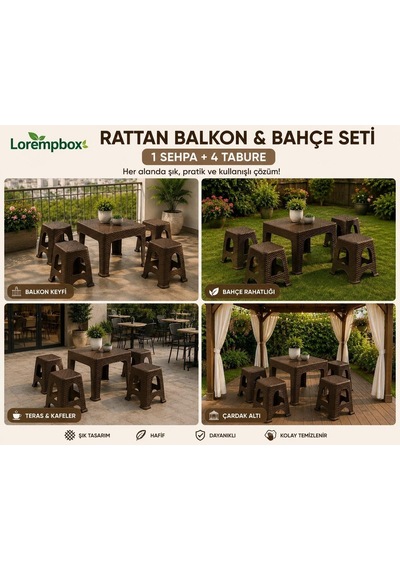 Lorempbox Rattan Balkon & Bahçe Seti 5 Parça 1 Sehpa + 4 Tabure Diğer