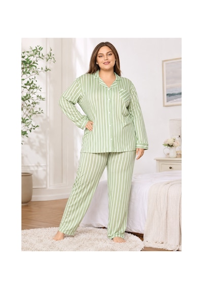 Alperi Büyük Beden Kadın Boydan Düğmeli Çizgili Mevsimlik Pijama Takım B790-45 YESIL