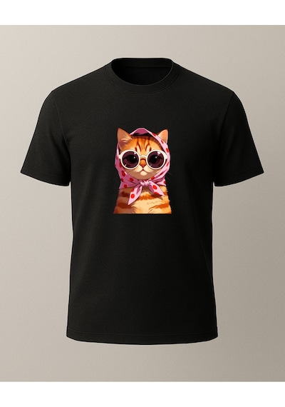 Başörtülü Sarı Kedi -sarman- Baskılı T-shirt Siyah