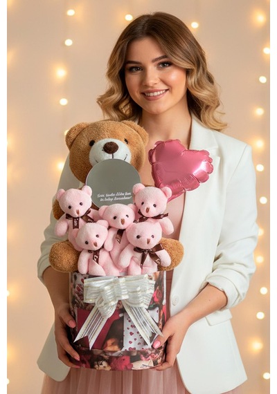 Mesajlı Ayna Ve Kalpli Kutuda Kahverengi - Pembe Delüxe Peluş Ayıcık Buketi Romantik Hediye Seti