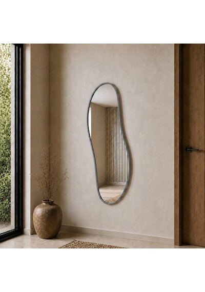 Modern Organik Form Banyo Aynası 40x120 Cm Asimetrik Minimalist Dekoratif Duvar Aynası Gri