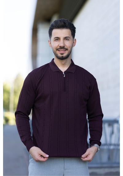Hk Premium Triko Kazak Polo Yaka Fermuarlı Slim Fit Bordo