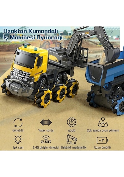 Uzaktan Kumandalı Şarjlı Kepçe İş Makinesi - Mecanum Tekerlekli, Işıklı Sesli, Yatay Giden Oyuncak Kepçeli Kamyon