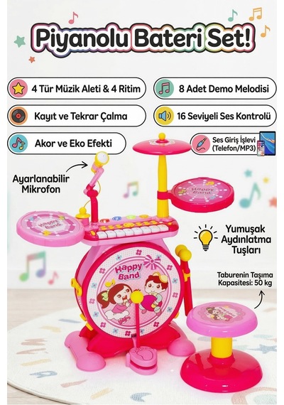 Bateri Seti Piyanolu Işıklı - Mikrofonlu, Tabureli Ve Mp3 Bağlantılı Çocuk Müzik Eğitim Seti