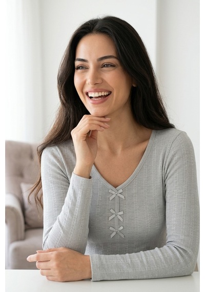 Aura Collections Kadın Bambu Viskon Transfer Ribana Kısa Kollu Düğmeli Pijama Takımı Gri