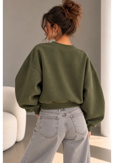 Bbbutikbasic 3 İplik Şardonlu Kısa Sweatshirt Bisiklet Yaka Kadın 3 İplik Şardonlu My3535 Haki