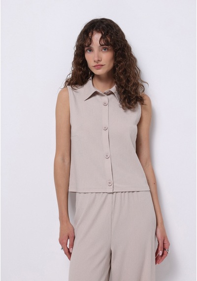 Colins Slim Fit Shirt Neck Düz Kadın Bej Kolsuz Tişört Cl1074279 Q1.v1 Beı Bej
