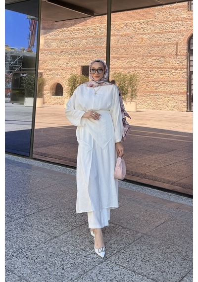 Riella Butik Nehir Üçlü Tesettür Takım Beyaz