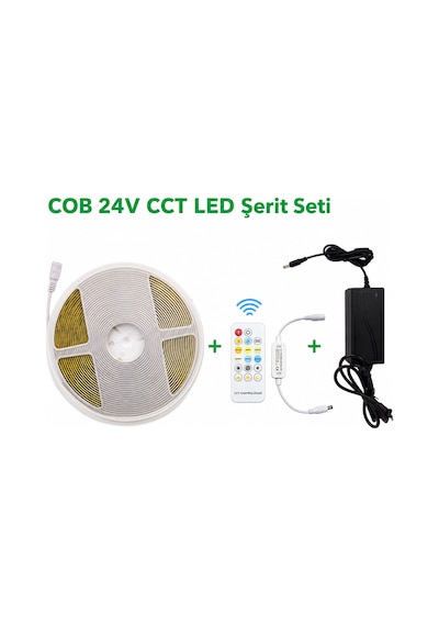 Cob Cct Led Şerit Seti 24v 10 Metre 576 Led/m Rf Kumandalı 2700k-6500k Ayarlanabilir Beyaz 48w Adaptör Dahil 8mm Ip20