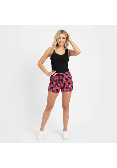 Bonbon Kadın Ekose Desenli Beli Lastikli Mini Şort Bb2142 Kırmızı