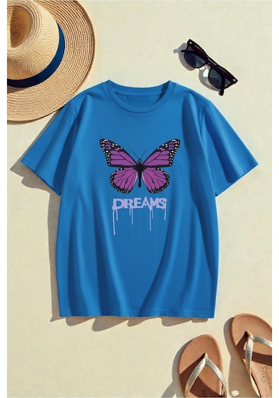 Uyguntarz Unisex Dream Butterfly Tasarım Tshirt Mavi