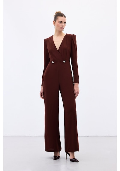Sateen Kruvaze Süs Taşlı Krep Tulum - Bordo-136568 Bordo
