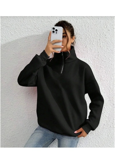 De'charme Unisex Uzun Kol Yarım Farmuarlı Yakalı Basic Sweatshirt - Siyah