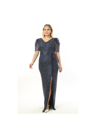 Ladies First Büyük Beden 3853 Lacivert Uzun Abiye Elbise 001