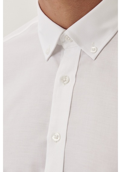 Ac&Co / Altınyıldız Classics Erkek Beyaz Ütü Gerektirmeyen Taılored Slim Fit Dar Kesim Düğmeli Yaka %100 Pamuk Gömlek Beyaz
