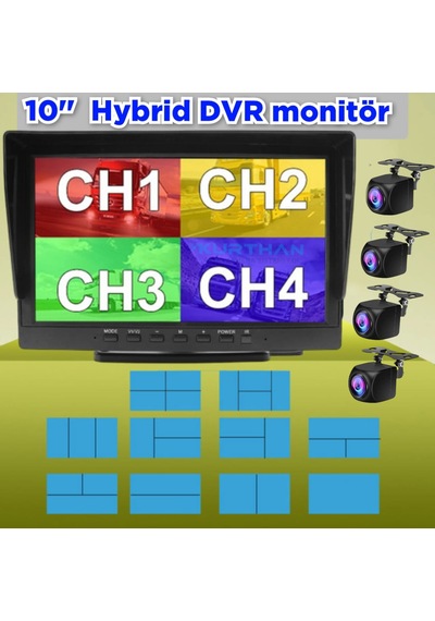 Hybrid Dvr 10'' Ekran 4 Ad 170'' Balık Gözü Lens Geniş Açı Kamera