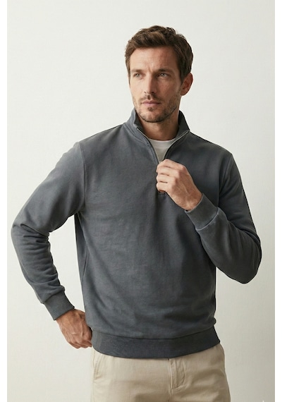 Elemge Pamuklu Erkek Sweatshirt Antrasit Soft Touch Relax Fit Yarım Fermuarlı Dik Yaka 3 Iplik Nefes Alan