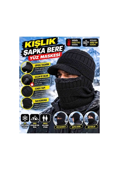 Kışlık Şapka Bere Ve Yüz Maskesi Siperli Içi Peluşlu Kalın Örgü Rüzgâr Ve Soğuğa Karşı