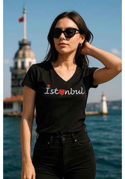 Rich Kadın V Yaka T-shirt %100 Pamuk Tişört SIYAH