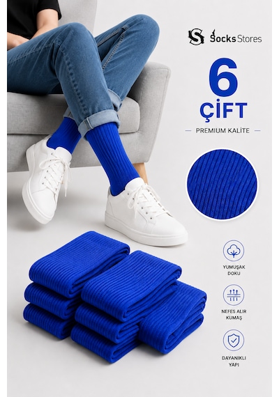 Socks Stores 6 Çift Unisex Renkli Pamuklu Soket Çorap - Renkli Tenis Boy Çorap Mavi