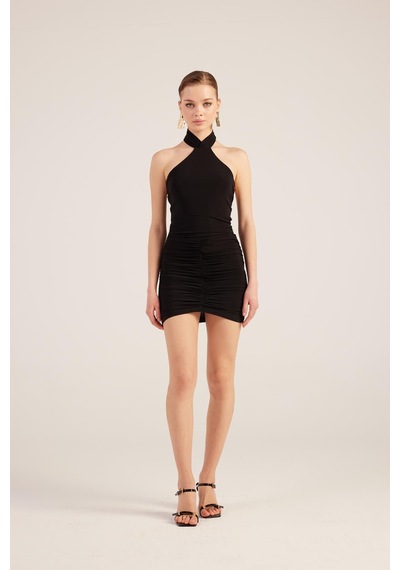 Holly Lolly Halter Yaka Büzgülü Mini Perla Elbise Siyah