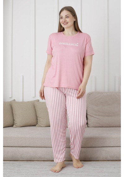 Wordex Mirano 3503 Çizgili Pijamalı Kısa Kollu Büyük Beden Pegasus Kumaş Kadın Pijama Takımı Pembe
