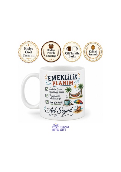 İsme Özel Emeklilik Planım Yazılı Komik Kupa Bardak Hediye Beyaz / Çok Renkli