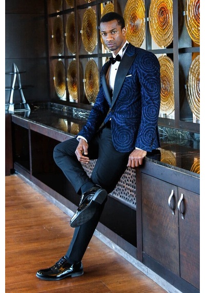 Wessi Hipnoz Desen Sivri Yaka Slim Fit Lacivert Erkek Smokin Ceket Lacivert