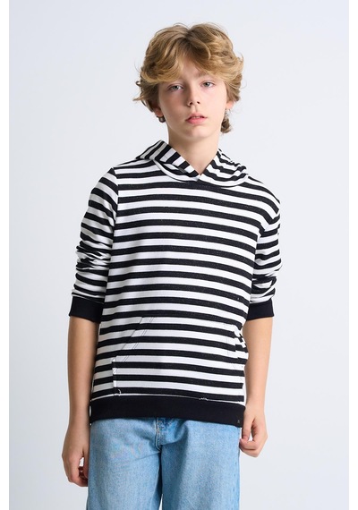 Alexandergardi Alexandergardı Kanguru Cepli Kapüşonlu Çizgili Çocuk Sweatshirt Siyah