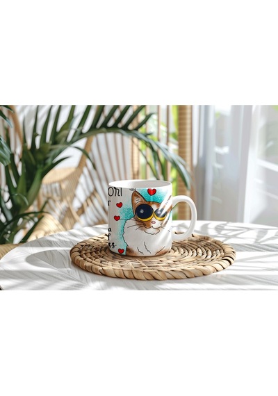 Komik Kedi Figürlü Kupa Bardak Eğlenceli Ve Sevimli Kedi Tasarım - Life Is Short Hug Your Meow Y Beyaz