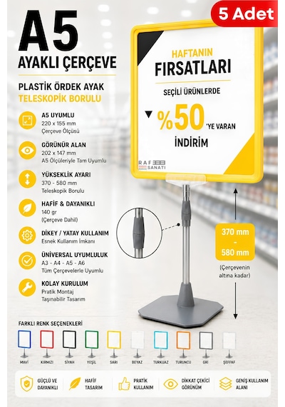 5 Adet - A5 Ayaklı Çerçeve Seti Plastik Ördek Ayak Teleskopik Borulu Fiyat Etiketliği Yönlendirme Levhası Menü Panosu Sarı